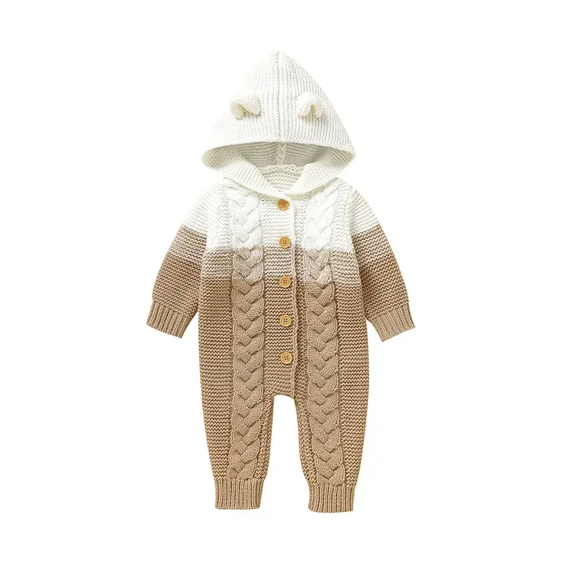 Thumbnail: Knitted Baby Onesie Hooded Teddy Ears
