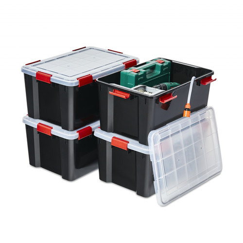 Boite Rangement Hermétique- 50L- Lot de 4- Noir- Couvercle avec