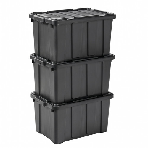 Caisse Rangement avec Couvercle Robuste- 50L- Lot de 3- Noir