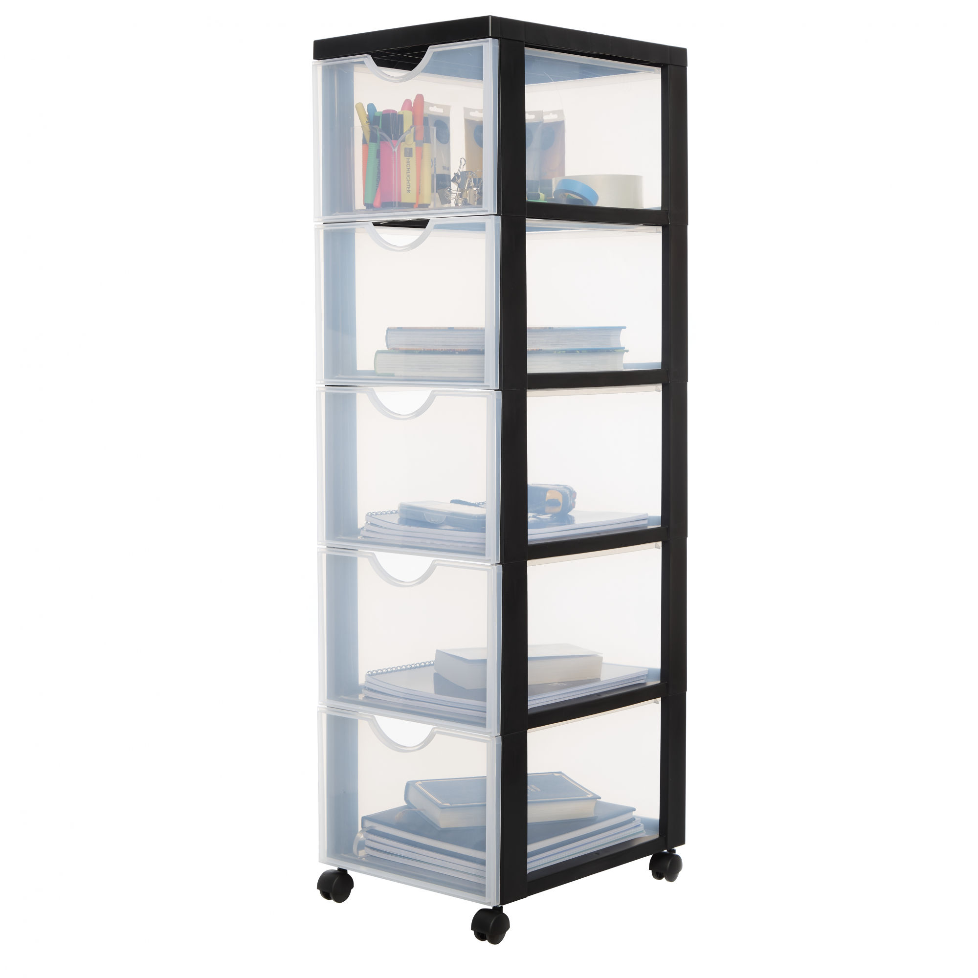 Tour de rangement à Roulettes en Plastique- 5 Grands Tiroirs- Noir- Ouverture Fa