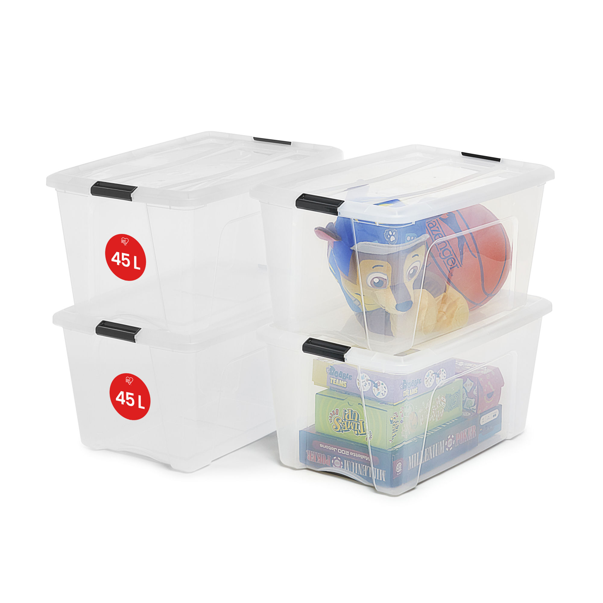 Boite Rangement Plastique avec Couvercle- 45L- Lot de 4- Transparent- Clips de F