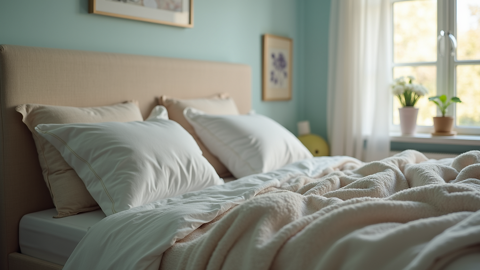 Close-up view of a children's bed with supportive pillows and blankets