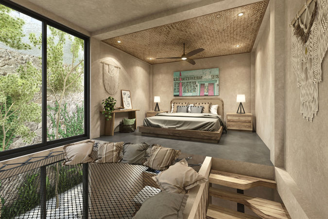 renders Playa del Carmen Tulum bungalows interior bedroom