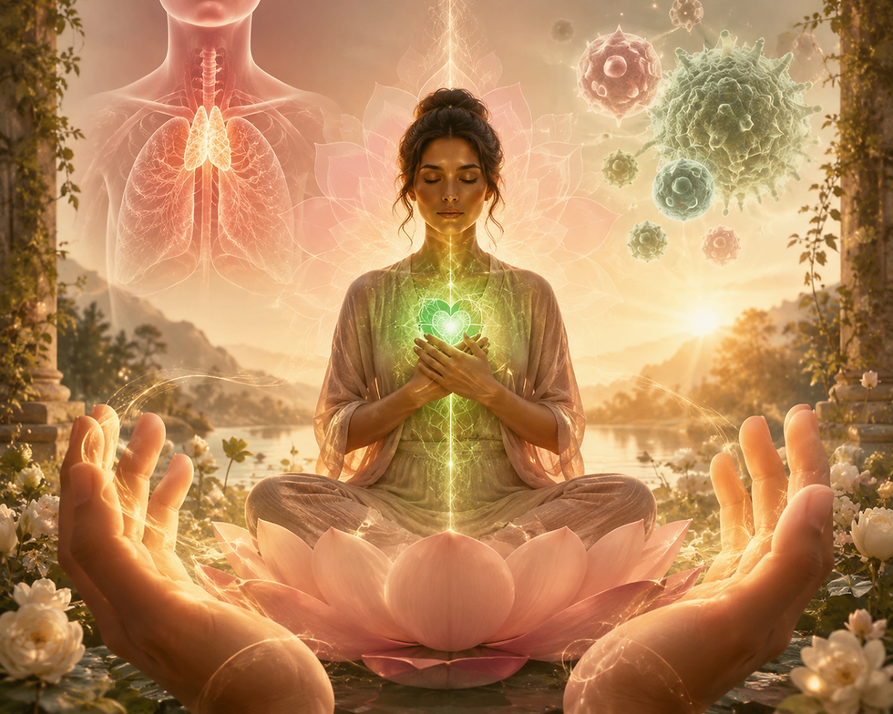 Donna che medita in una sessione di Lalitya™ Yoga e nel mentre il suo quarto chakra si armonizza e lei diventa energeticamente più forte dalle minacce esterne che vogliono indebolire il suo sistema immunitario