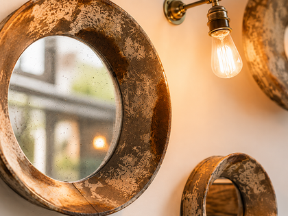 Round mirrors and exposed bulb on a wall.
