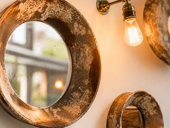 Round mirrors and exposed bulb on a wall.