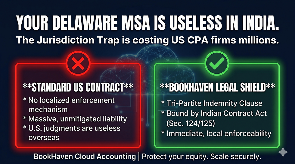 Infographic comparing a standard US Master Services Agreement, which lacks local enforcement in India, against the BookHeaven Legal Shield, which uses a tri-partite indemnity clause to legally protect US CPA firms.