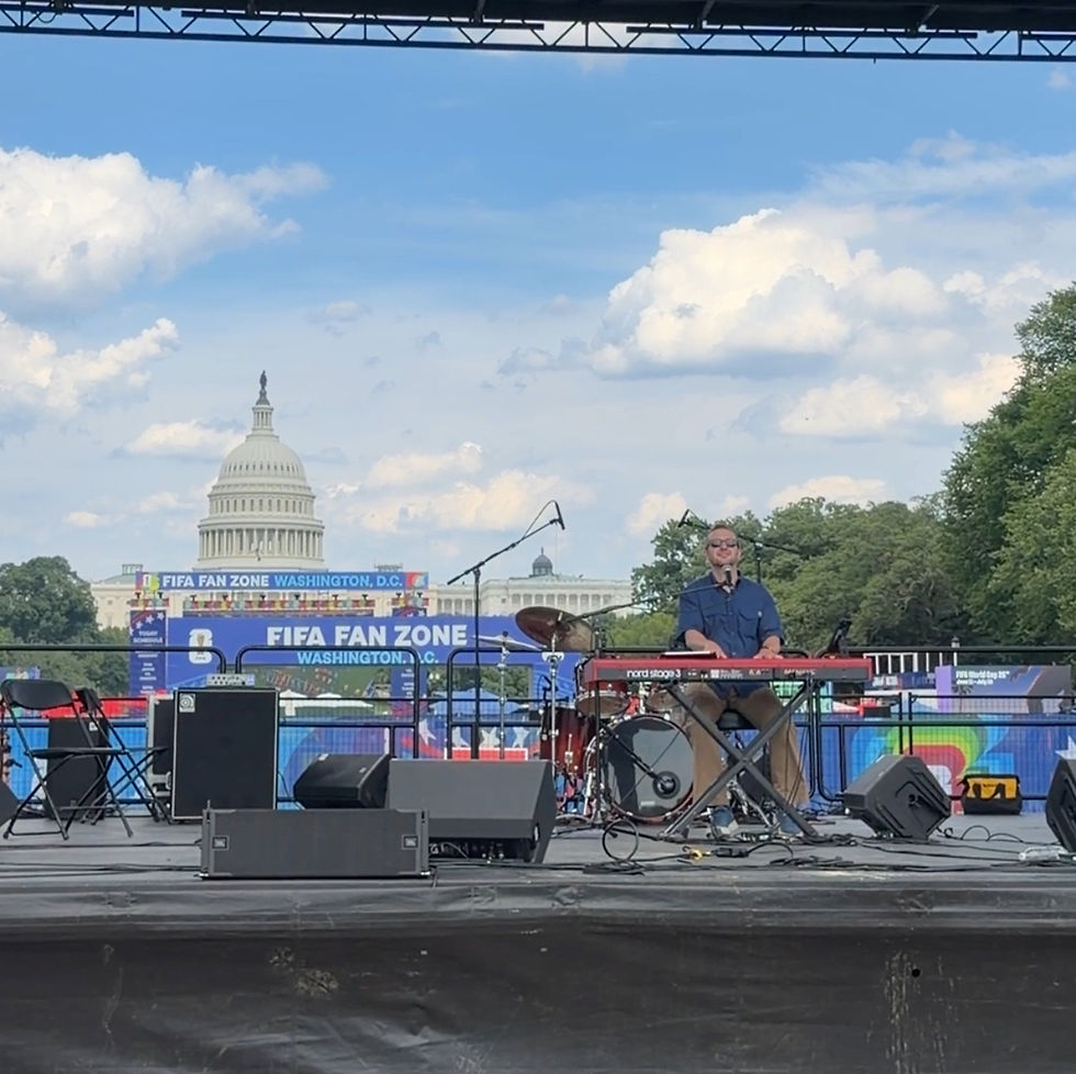 Steve Laureti performing live corporate piano entertainment at The Great American State Fair in Washington, DC, with the U.S. Capitol Building as the backdrop during a patriotic American celebration event.