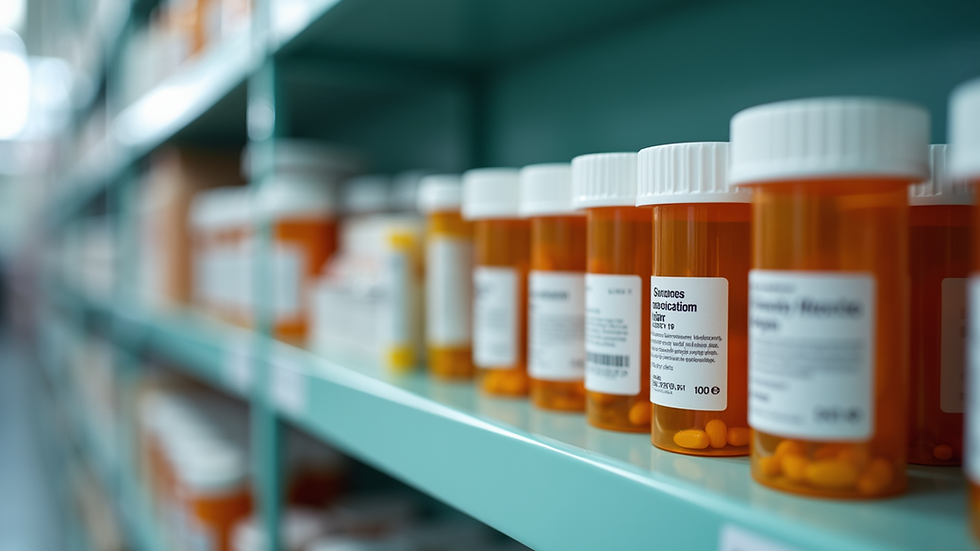 Close-up view of prescription medication bottles on a pharmacy shelf