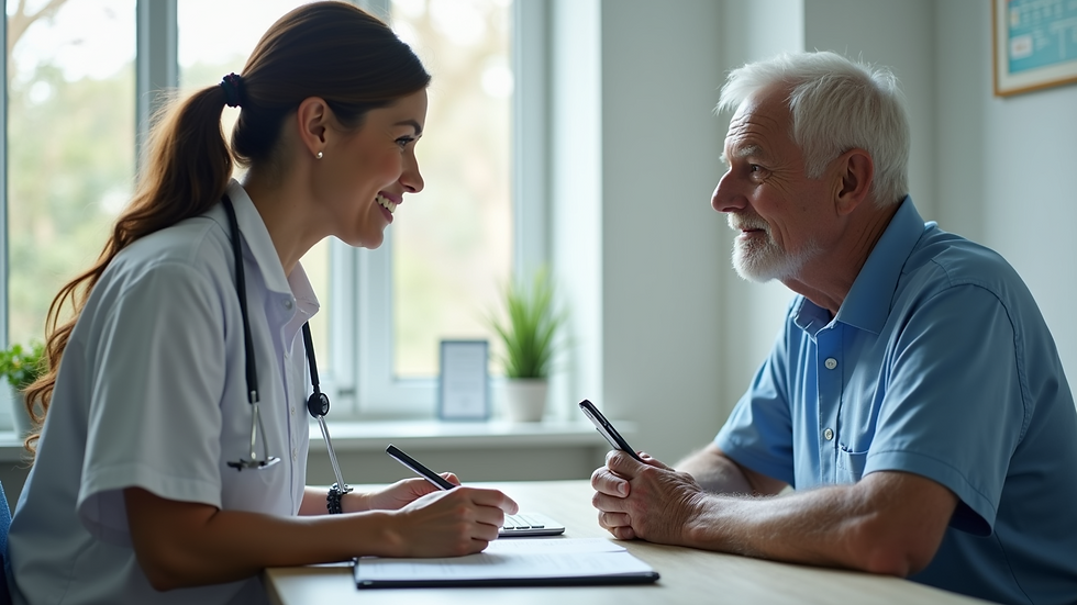 Eye-level view of a healthcare professional discussing Medicare options with a senior citizen
