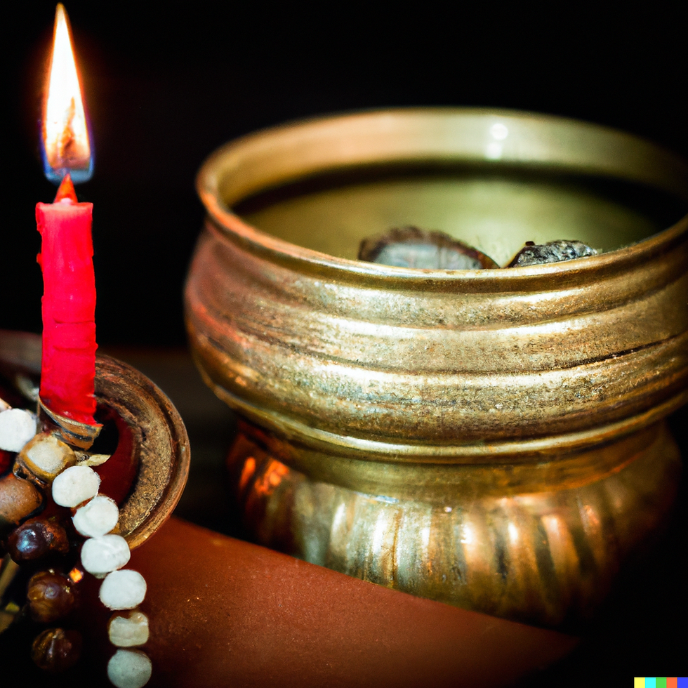 A red candle burning next to a brass bowl