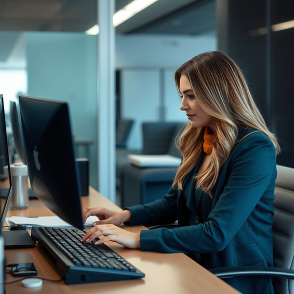 Beautiful women, sat at a desk, typing on a keyboard. in an accountancy office processing 