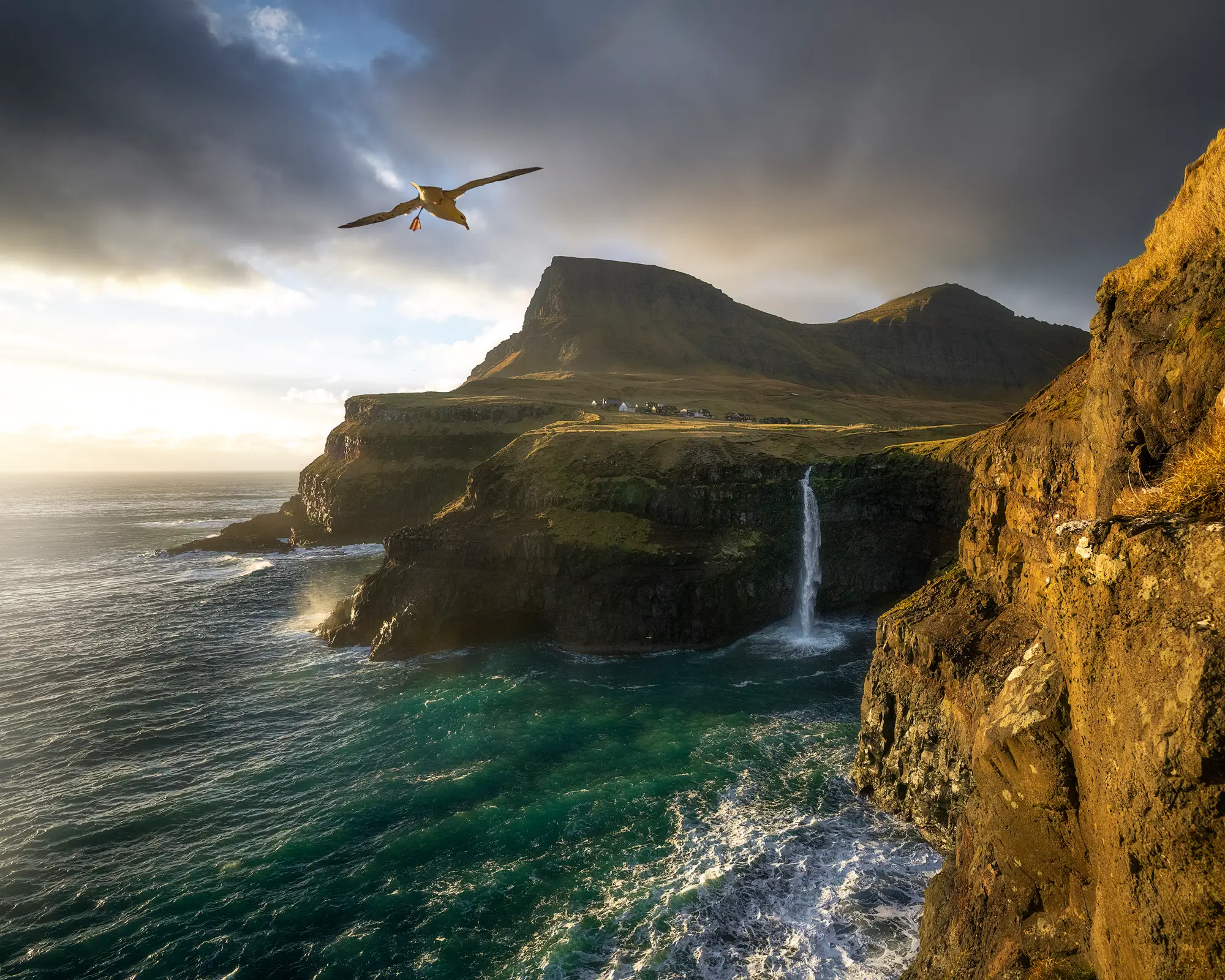 Majestätische Küstenlandschaft der Färöer-Inseln mit Wasserfall und einem Seevogel im Sonnenlicht. Die Wellen des Atlantiks treffen auf schroffe Klippen.