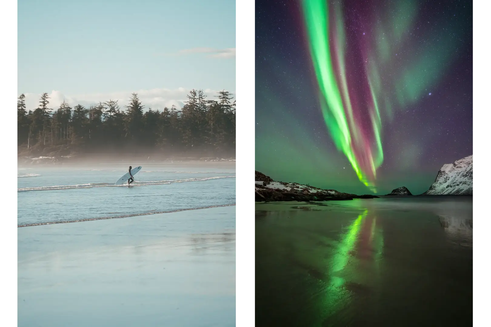 Ein Surfer verlässt das Wasser des Pazifiks und trägt sein Board über den feuchten Sand von Cox Bay Beach auf Vancouver Island. – Am Haukland Strand auf den Lofoten tanzen grüne und violette Polarlichter über dem nächtlichen Himmel.