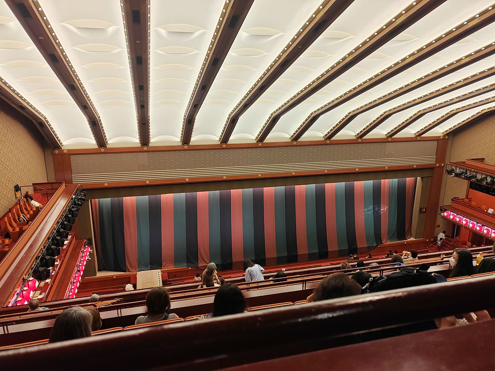 View from the upper balcony inside Kabukiza Theatre overlooking the audience seating and striped stage curtain.