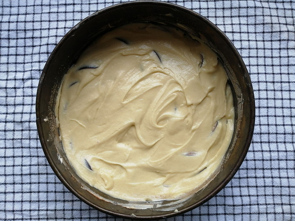 upside-down plum cake before putting into oven