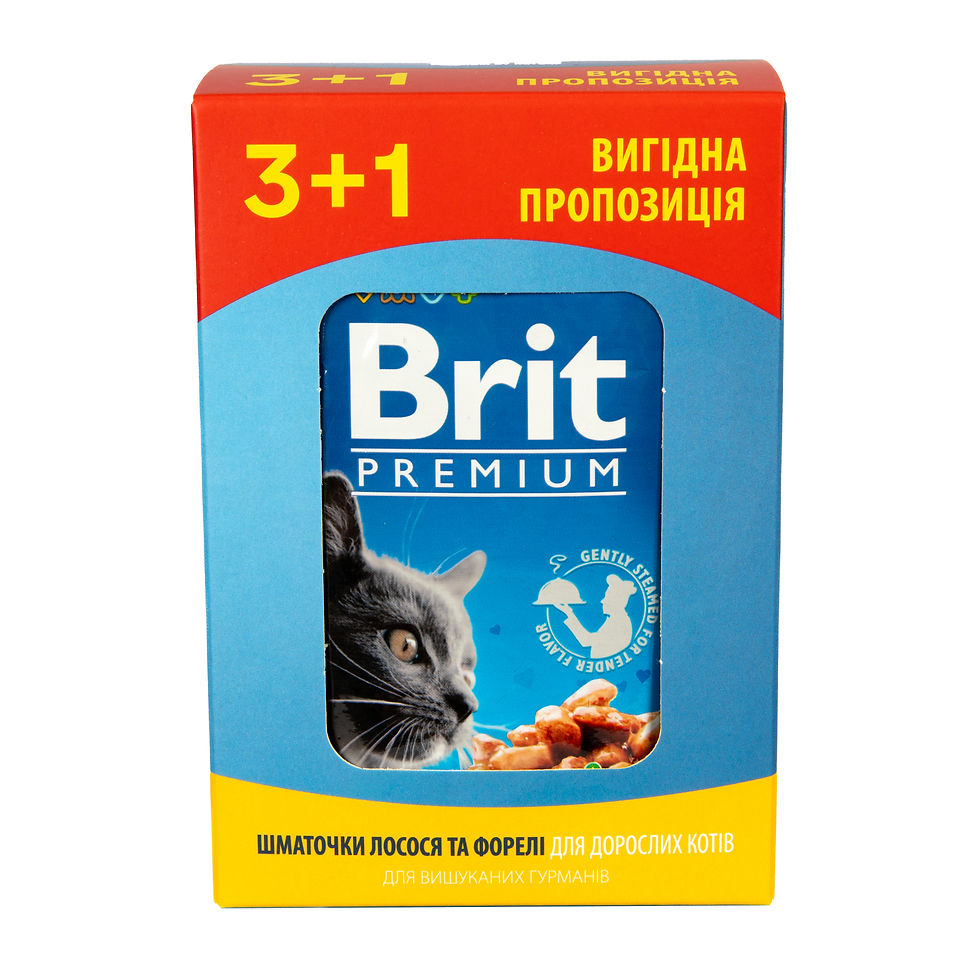 Прев'ю: Набір паучів 3+1 для котів Brit Premium Cat pouch з лососем і фореллю,  4 х 100г
