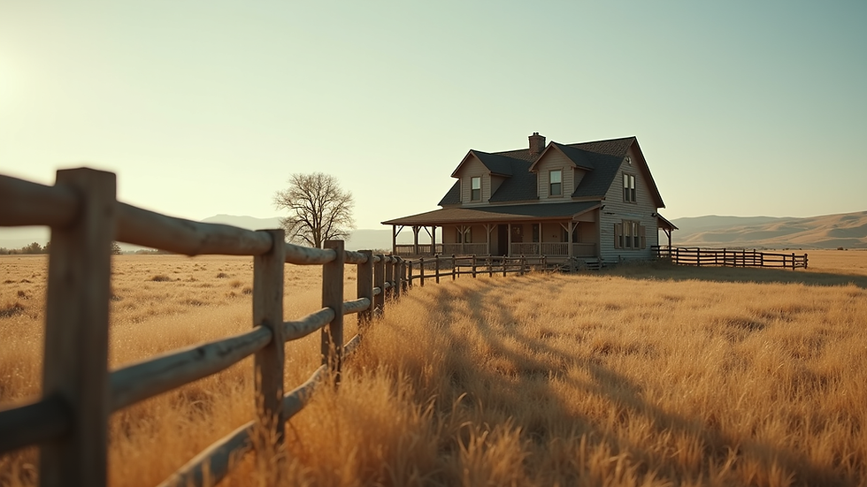 Eye-level view of a rustic ranch house with a wooden fence and open fields