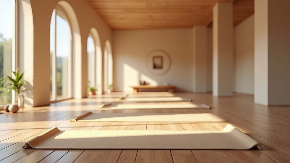 Eye-level view of a serene yoga studio with mats and soft lighting