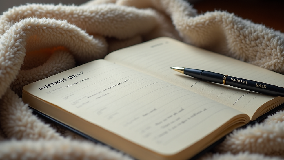 High angle view of a journal and pen on a cozy blanket
