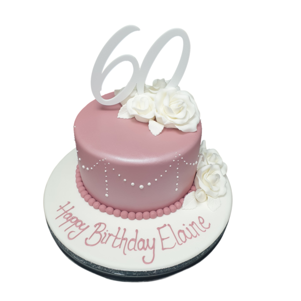 Classy and elegant bespoke cake with intricate white icing details, perfect for celebration in Solihull, West Midlands.