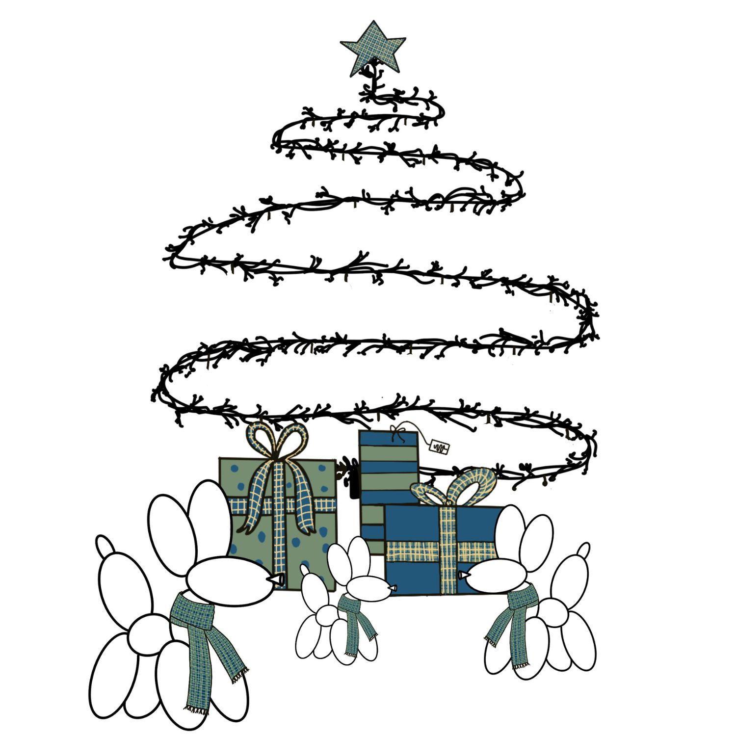 Xmas Tree  Balloon Dogs with presents