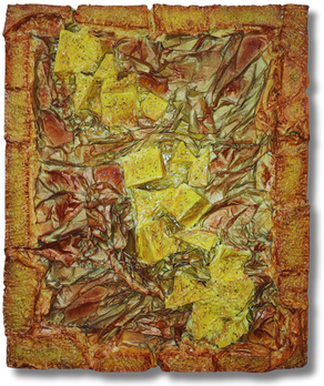 Imposantes 3D Strukturgemälde Schwefel mit gelben Kristallelementen und Epoxidharz-Veredelung.