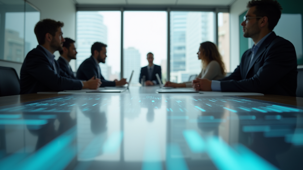 Eye-level view of a conference room with a project team discussing technology plans
