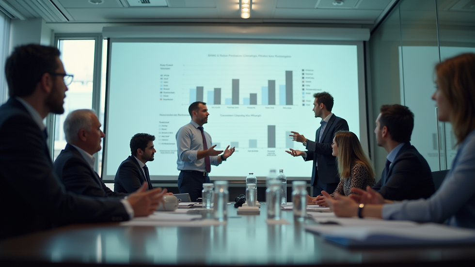 Eye-level view of a conference room with a project team discussing a system implementation plan