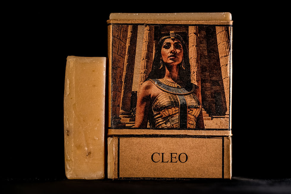 Cleo soap bar featuring an illustration of an Egyptian queen in golden attire.