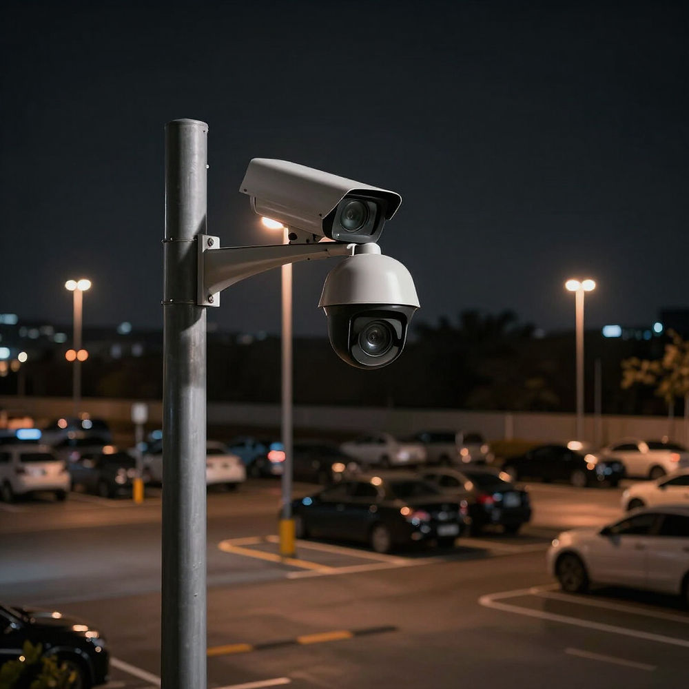 Security cameras in a parking lot at night