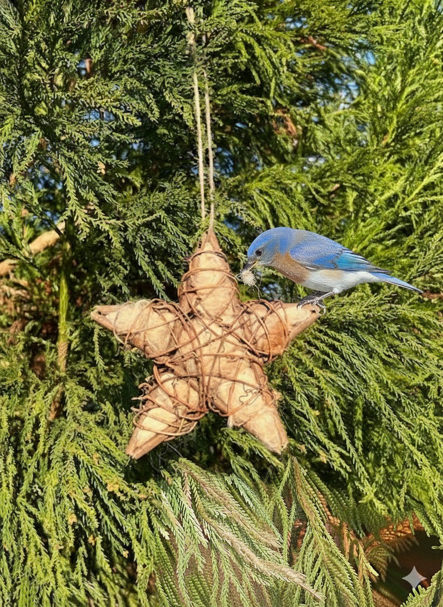 Bird extracting Alpaca Fiber from Grapevine Nesting Ball Star Hanging on Evergreen Tree branch