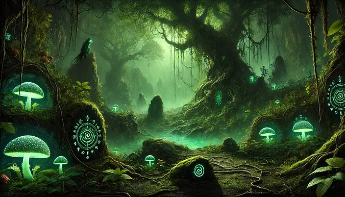 DALL·E 2024-11-21 17.58.01 - A dark fantasy magical nature scene dominated by deep green h