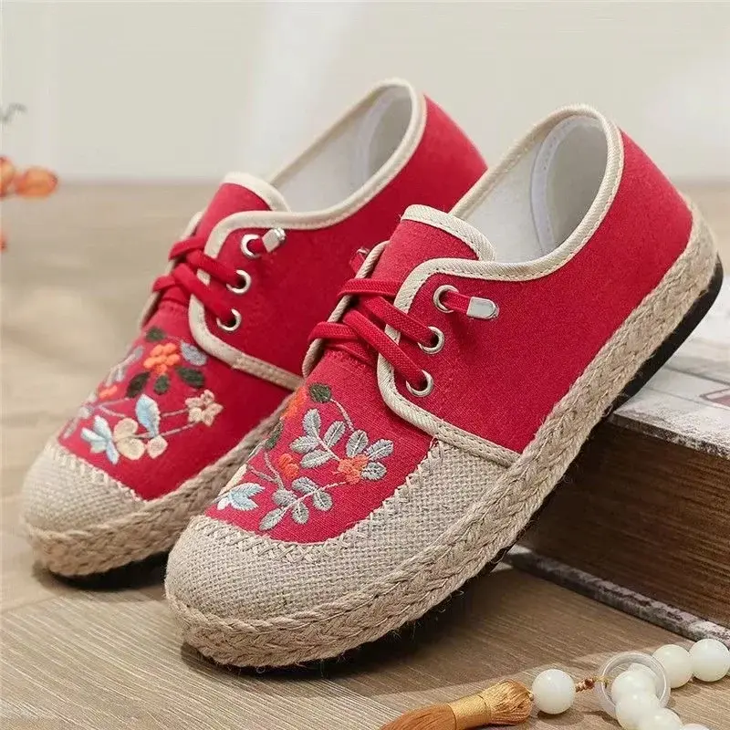 Thumbnail: Careaymade Flats Shoes Embroider Lace-Up Round Toe Cotton Linen Handmade