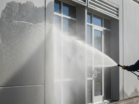 This is a photograph of a person pressure washing the exterior wall of a modern commercial building on a bright day. In the image, a worker, seen from the side and back, is dressed in a blue hooded sweatshirt with the hood up, a cap, and yellow work gloves. They are firmly holding a pressure washer wand and directing a powerful, wide, fan-shaped spray of water onto the building's facade. The building itself has a clean, industrial look, with large, light-gray or off-white textured panels. There are several large windows with white frames set into the wall. The impact of the water makes the cleaned section of the wall appear darker and wet, creating a clear contrast with the adjacent dry surface. Mist and spray from the high-pressure water are visible in the air between the wand and the wall. The photo captures the cleaning process in action, highlighting the effectiveness of pressure washing for building maintenance.