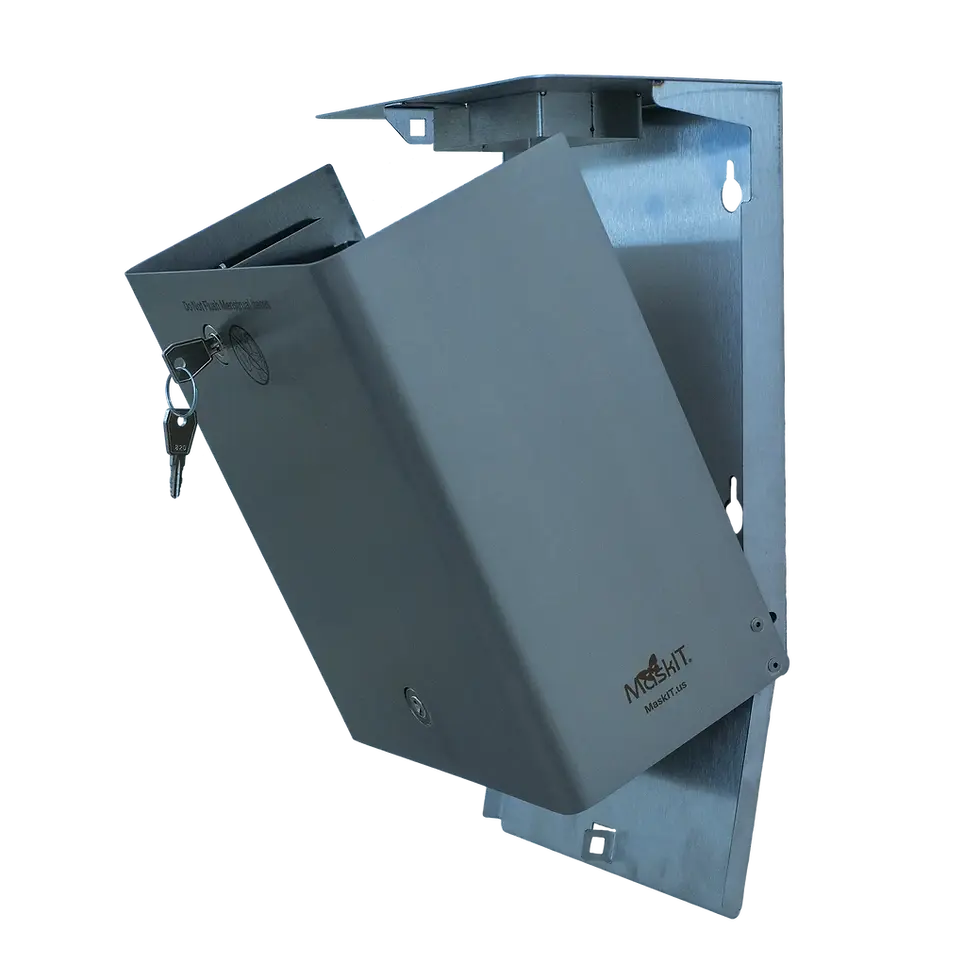 Thumbnail: MaskIT Menstrual Disposal Bin - Left Side View, Tilted Out, Bottom Open