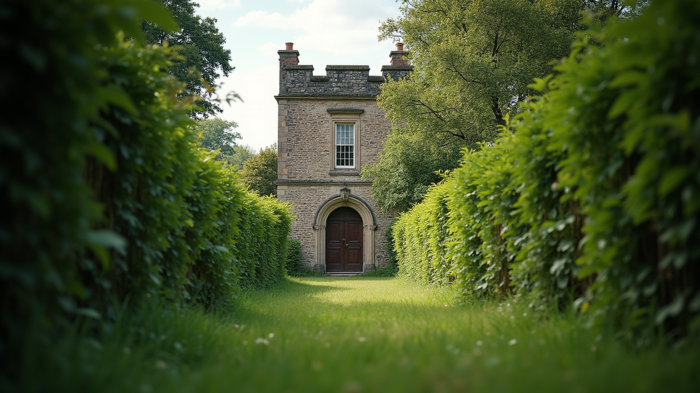 Eye-level view of a historic building surrounded by greenery