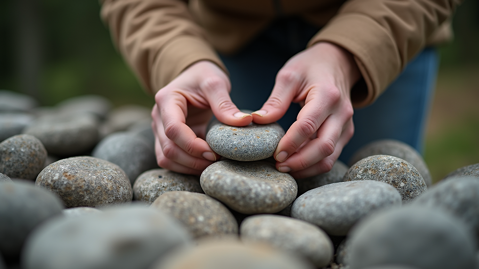 Close-up view of hands placing stones carefully in a dry stone wall