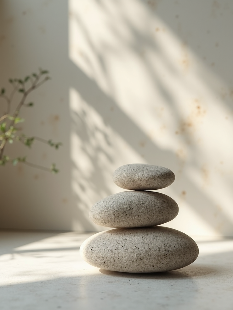 Minimalist natural stone balanced in serene space.