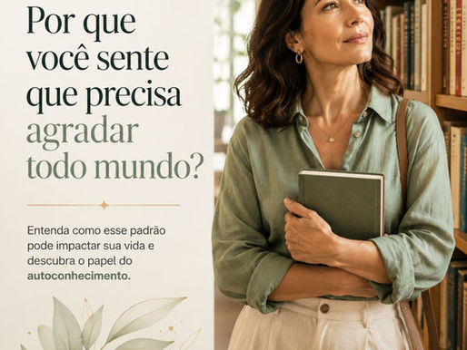 Mulher refletindo em uma biblioteca sobre a necessidade de agradar todo mundo, tema relacionado ao autoconhecimento e à Numerologia Pitagórica.