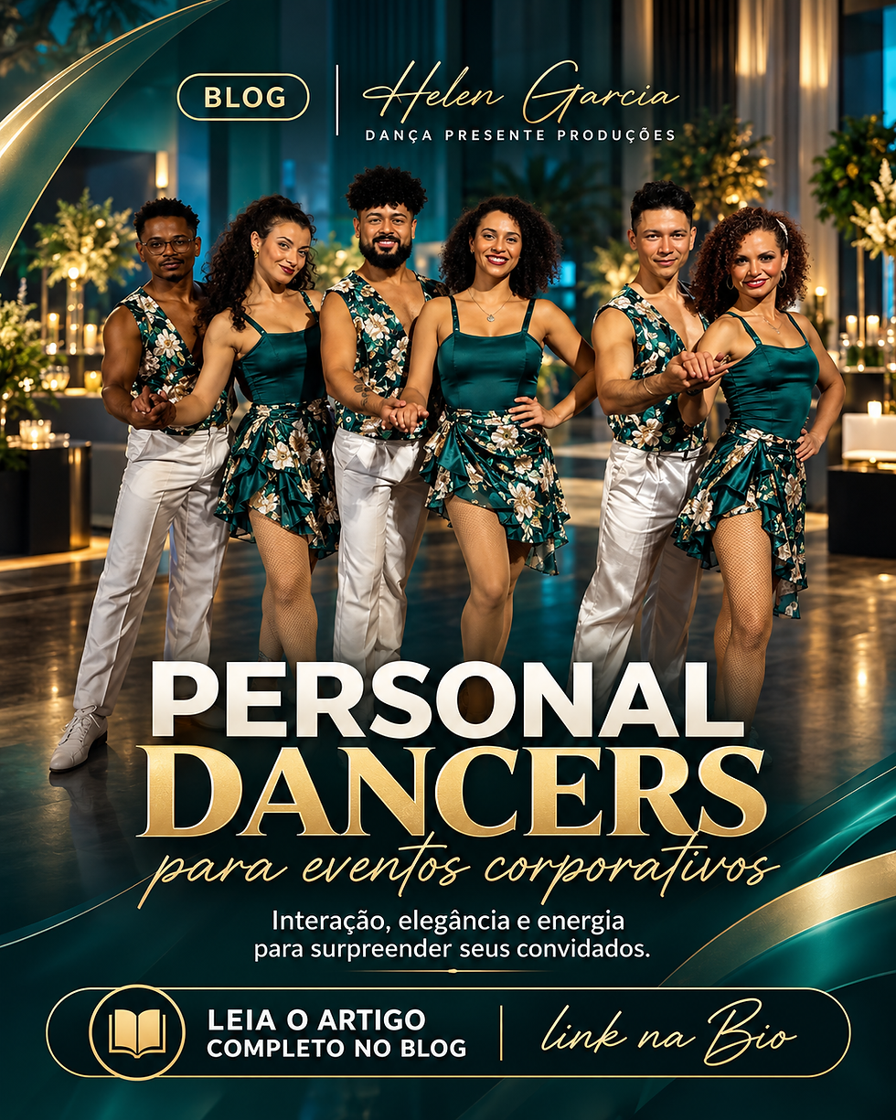 Equipe de personal dancers para eventos corporativos em figurinos verde petróleo e dourado