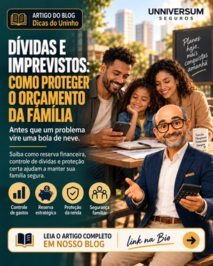 Família usando o celular para organizar dívidas e proteger o orçamento familiar, com Uninho orientando sobre educação financeira