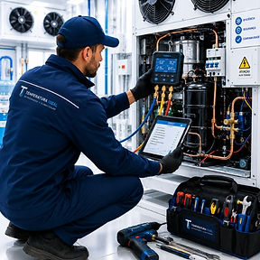 Técnico da Temperatura Ideal realizando manutenção preventiva e corretiva em sistemas de refrigeração comercial.