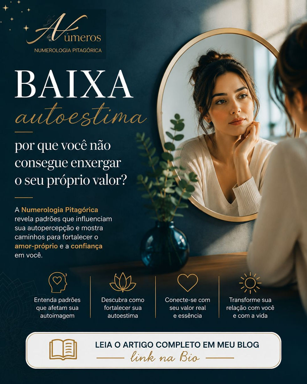 Mulher observando seu reflexo no espelho representando a baixa autoestima e o processo de autoconhecimento por meio da Numerologia Pitagórica.