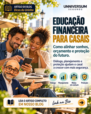 Casal conversando sobre educação financeira e planejamento do futuro em área externa, com Uninho orientando
