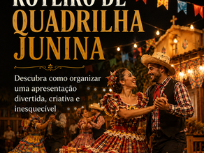 Grupo dançando quadrilha junina em apresentação organizada com roteiro de quadrilha junina.