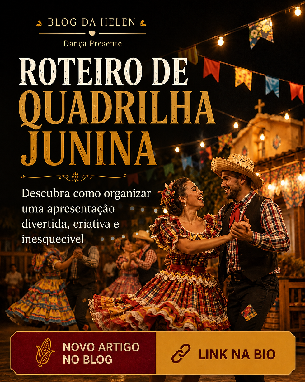 Grupo dançando quadrilha junina em apresentação organizada com roteiro de quadrilha junina.