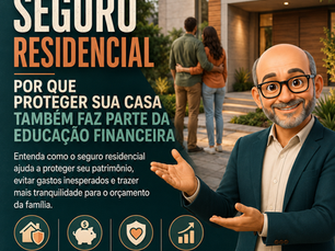 Casal diante de uma residência com o Uninho explicando como seguro residencial e educação financeira ajudam a proteger o patrimônio familiar.