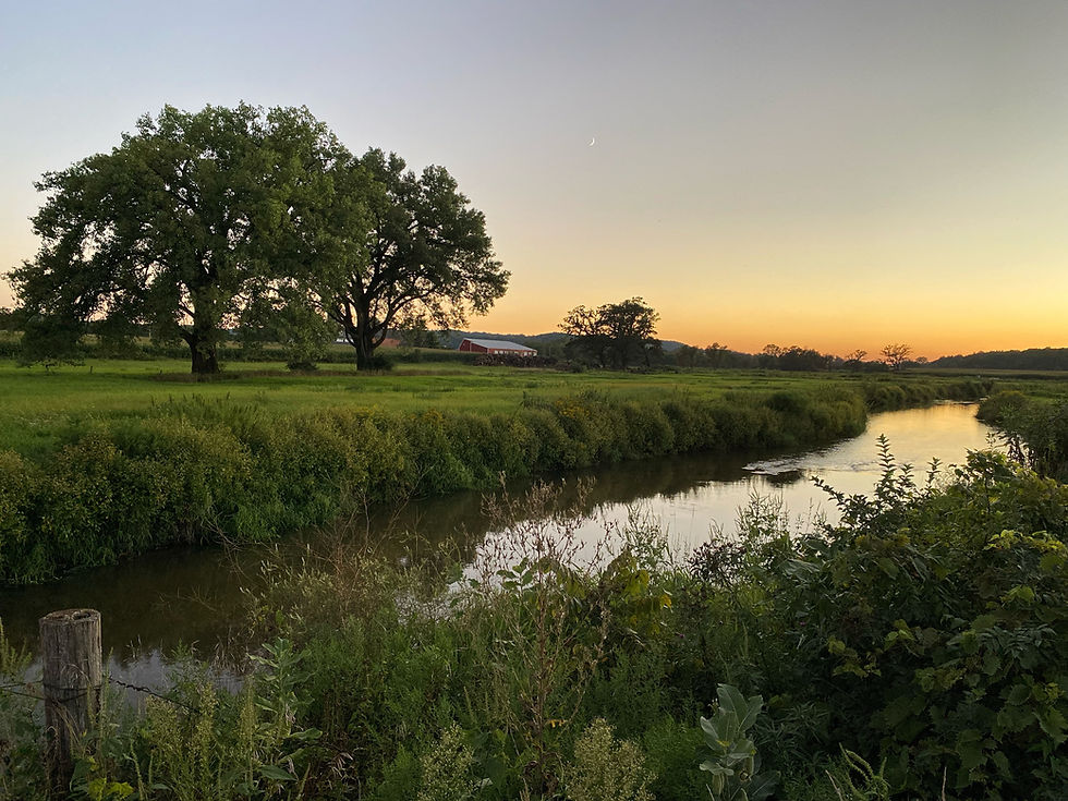 Sunset glitters on a creek running through the countryside