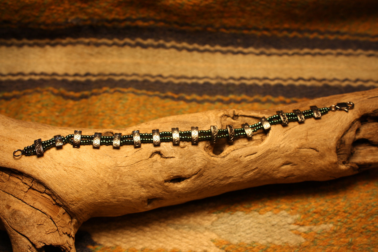 Pewter & Green Iris Beaded Bracelet